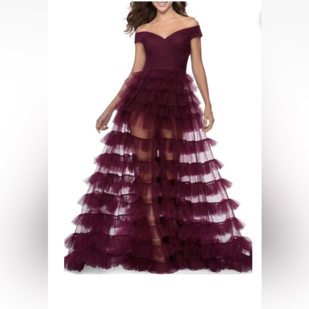 $488 La Femme Off-Shoulder Plum Maxi Dress
